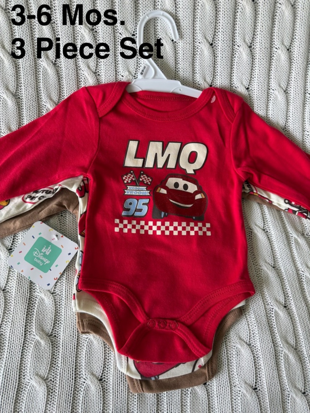 Disney Cars Baby Onesie Set 3 6 Mo NEW Long Sleeve 3 Pcs Lightning McQueen LMQ